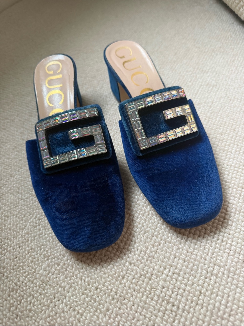 Gucci Navy Blue Velvet Crystal Buckle Mules